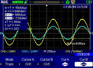 6 5 9 8 7 4 3 2 1 Figure 55 - Track Cursor Display 1 2 3 4 5 6 7 8 9 Cursor B Cursor A Voltage difference between Cursor A and Cursor B Frequency between Cursor A and Cursor B Time difference between