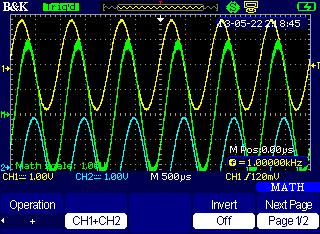 Figure 21 - Math Waveform Display FFT FFT: Fast Fourier Transform function is supported. Toggle the button from the Math menu 1 to change Operation to FFT to select this function.