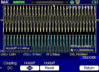 Figure 35 - Hold Off Time Indicator Pulse Trigger Pulse trigger seeks certain pulse conditions of a waveform to trigger. Select Pulse under Type from the trigger menu.