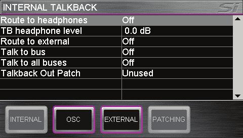 TALKBACK OUT The system allows re-patching of the main TALKBACK OUT monitor outputs from the OSC/TB MENU however as with the main LC&R buses