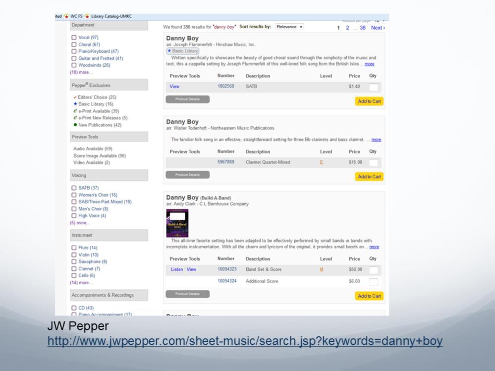 JW Pepper is a commercial vendor of sheet music, not recordings. They provide a whole slew of facets for medium of performance.