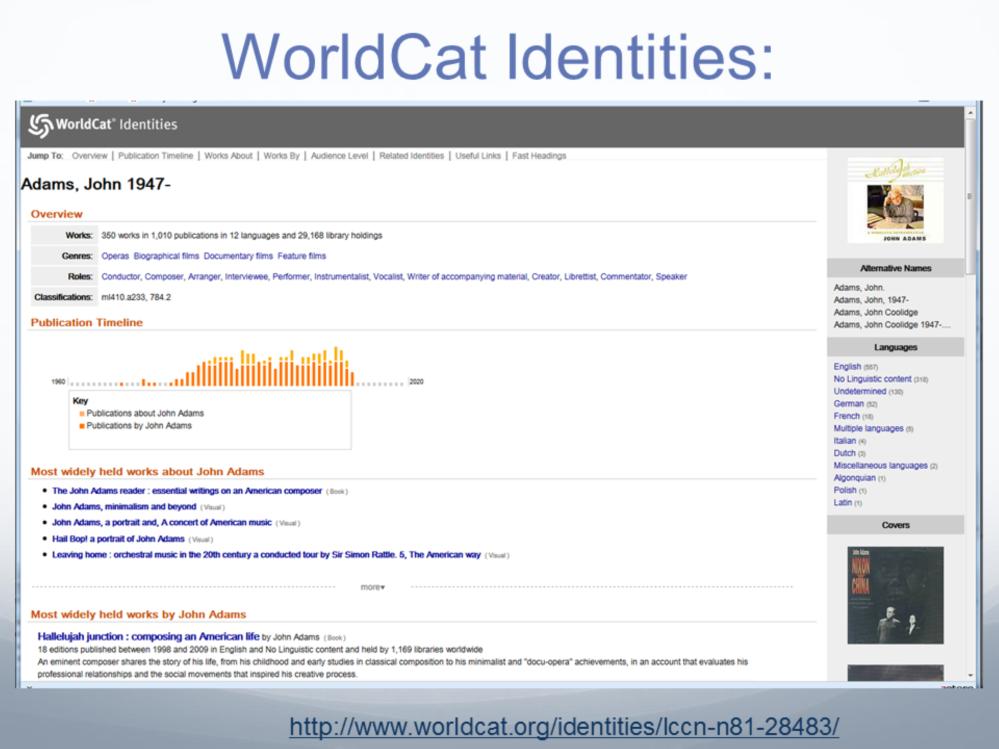 The WorldCat Identities project exploits authority data from VIAF, subject