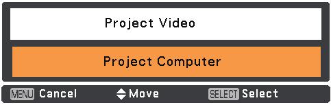 If there is no signal input when start on the projector, or the current signal is missed while operating the projector, the Video/PC selection window will be displayed on the screen, please move the