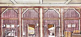 Barn 32 x 21 6-34 lbs Rustic barn siding, wooden beams and open ceiling with two corn and grain bins and implements.