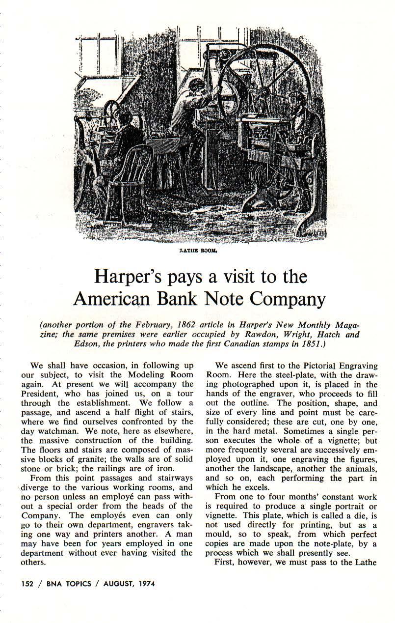 Harper's pays a visit to the America:n Bank Note Company (another portion of the February, 1862 article in Harper's New Monthly Magazine; the same premises were earlier occupied by Rawdon, Wright,