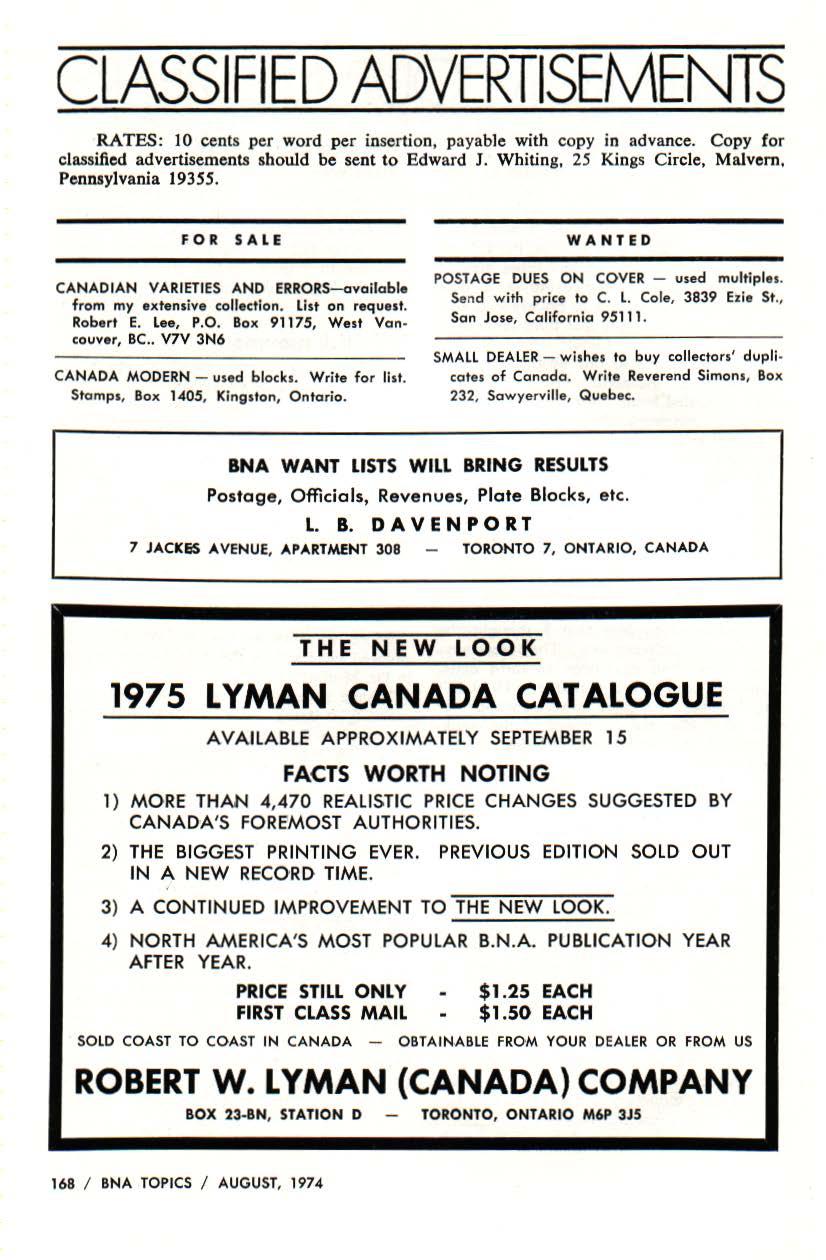 CLASSIFIED ADVERTISEMENTS RATES: 10 cents per word per insertion, payable with copy in advance. Copy for classified advertisements should be sent to Edward J.
