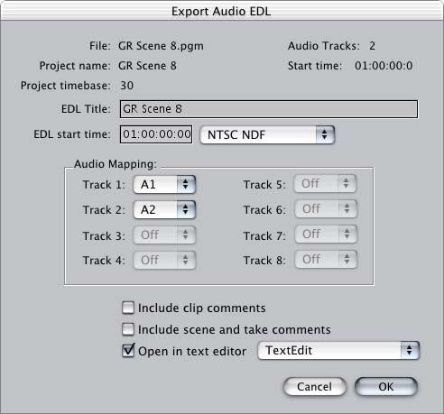 Using Cinema Tools to Export an Audio EDL Cinema Tools can export an audio EDL as long as its database contains accurate sound information (an audio timecode number that corresponds to the first