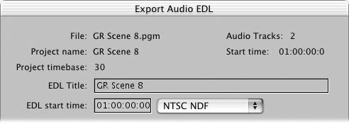 3 Enter and select settings in the Export Audio EDL dialog, then click OK. See Settings in the Export Audio EDL Dialog, next, for settings information.
