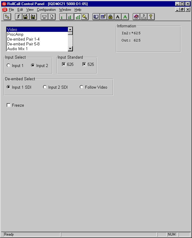 RollCall PC Control Panel Screens Video Input Select This allows either Input 1 or Input 2 to be selected for processing.