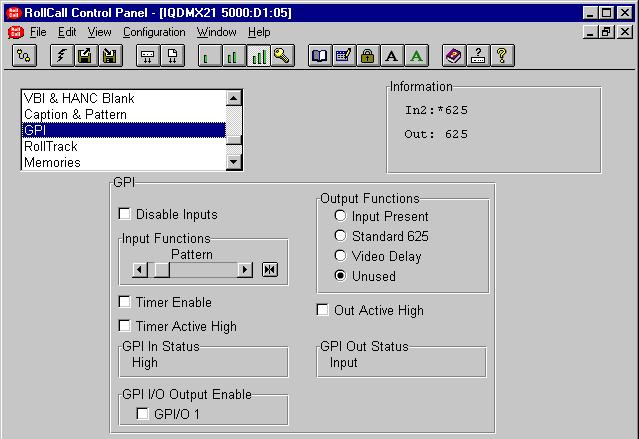 GPI This screen allows the GPI functions to be configured and their actions defined. Disable Inputs When selected all GPI input functions will be disabled.