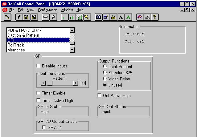 GPI (continued) Output Functions The GPO may be configured to produce an output corresponding to one of the following conditions: Input Present Standard 625 Video Delay Unused The preset setting for
