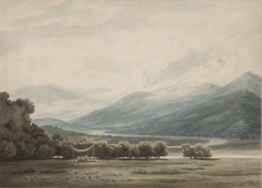 Slika 14: John Robert Cozens: Bessanone, Južna Tirolska, okrog 1782 1783, akvarel, Liverpool. Vzporedno s to priljubljenostjo krajin in narave nasploh kot motiva, je naraščalo zanimanje za akvarel.