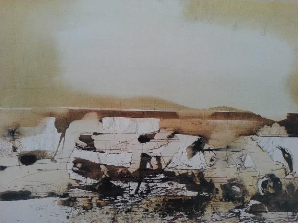 likovnih izpovedih. Slika 32: France Slana: Potres v Skopju, 1963, akvarel. Slika 33: France Slana: Razbitina, 1996, akvarel.