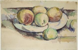 Slika 40: Paul Cezanne: Tihožitje z breskvami in figami, akvarel. Nadalje so, pod vplivom impresionizma, Vincenta Van Gogha zaznamovale močne barve in silovita čustva, izražana z izrazitimi potezami.