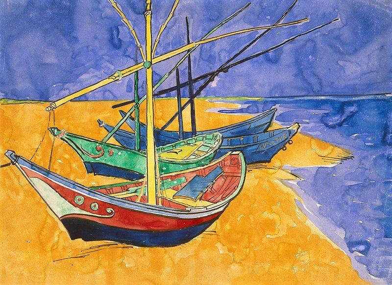 Eden izmed njegovih akvarelov,»ribiški čolni na plaži v Saintes-Maries«(glej sliko 41), kaže ta vpliv v načinu, kako je obdal območja enovite barve z močnimi konturnimi obrisi.