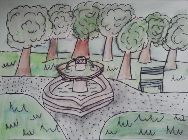 Slika 89: Delo učenca 2. Druga učenka je izbrala razglednico z motivom vodnjaka v parku.