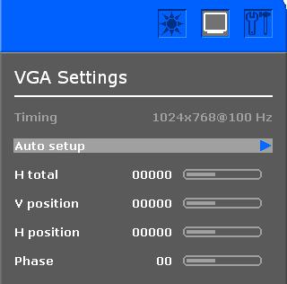 VGA Settings Menu The VGA Settings menu includes the Timing, Auto setup, H total, V position, H position, and Phase functions.