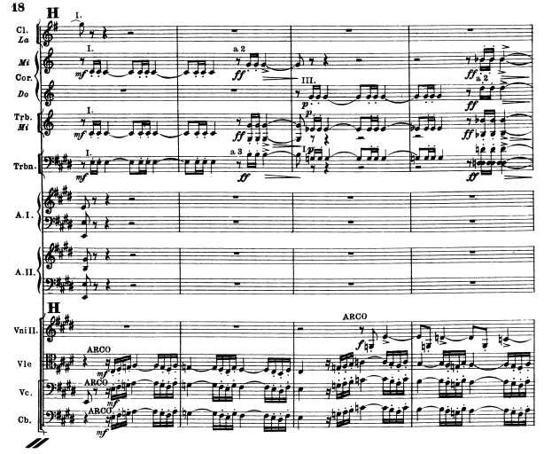 Example 8: Overture to La forza del destino, mm. 141-144 Section ten is comprised of measure 166 through 179. This section contains a reverent brass chorale.