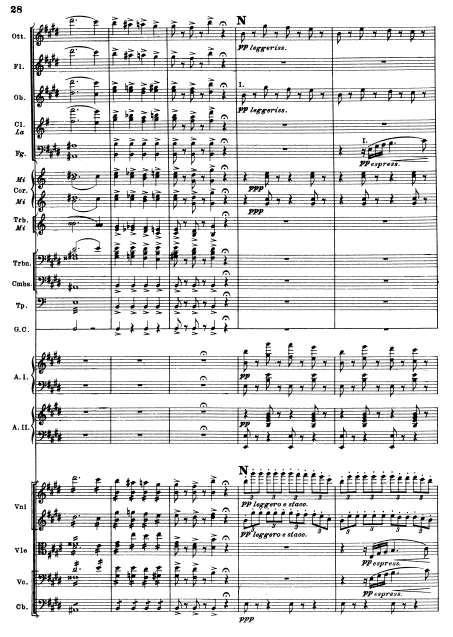 In section thirteen, which takes place from measure 204 through 222, a new theme is introduced. This theme is characterized by the violin triplet melody that is played pianissimo.