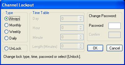 4. The Channel Lockout dialog box will appear: 5. Select Unlock, then click OK. Notes: You can use alphabetical and/or numeric digits as your password. It is important to remember your password.