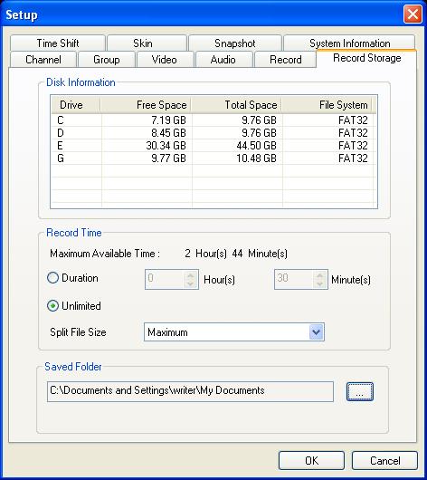 Record Storage Tab Recording Duration and File Size Specify the desired length of recording. Select Duration and enter the time length in number of hours and minutes.