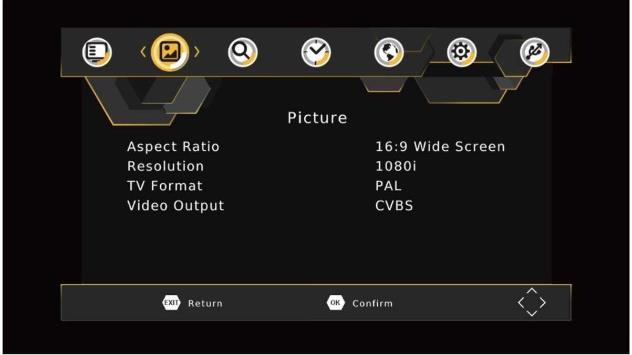 Picture Setting To access the Menu, press MENU then select [Picture] using the RIGHT/LEFT key. The Menu provides options to adjust the video settings.
