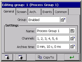 One must define the group name, select 1..6 from accessible 7 or 14 channels in KD8 (3 or 6 analog inputs and 4 or 8 binary inputs) and program visualization parameters and data archive (see section 7.
