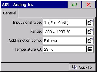 Cold junction compensation: Defines the way of the thermocouple cold junction - Internal (ACJC): Sets the self-acting cold junction compensation by the temperature sensor placed on the measuring
