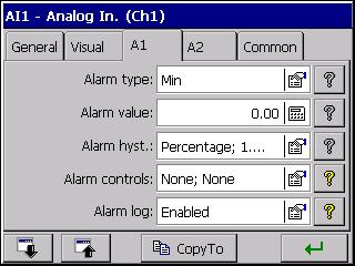 7.7.2 Programming of alarms (A1 and A2) in analog input configuration Tabs of alarms A1 and A2 concern only analog inputs, for binary inputs they are disabled.
