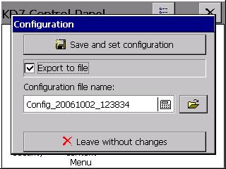 - When simultaneously the Export to file option is marked, the configuration file will be stored in the recorder memory and in the CF card, in the file with the given name in the window.