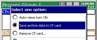 the Save archive data to CF before choosing the Remove CF card option) and next, the storage on the card will be locked till the acceptation time of the displayed message.