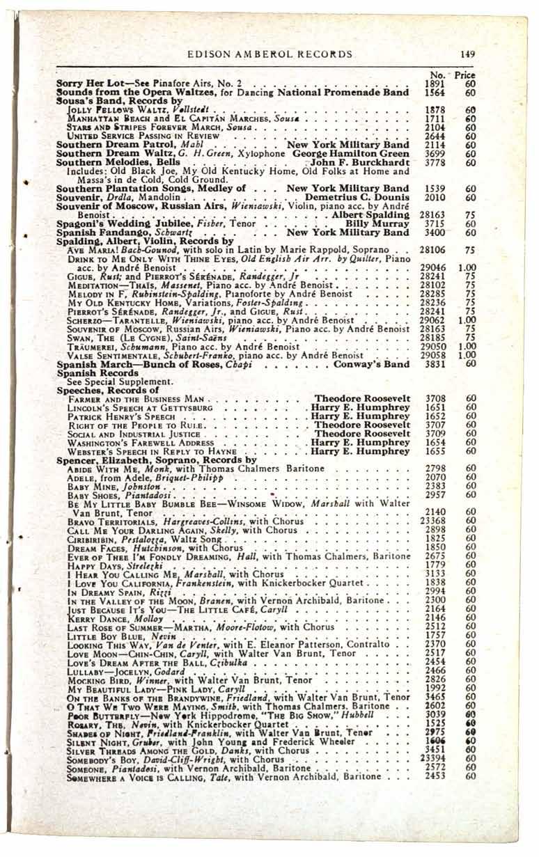 EDISON AMBEROL RECORDS 149 No Price Sorry Her Lot-See Pinafore Airs, No 2 1891 Sounds from the Opera Waltzes, for Dancing National Promenade Band 1564 Sousa's Band, Records by JOLLY FELLOWS WALTZ,