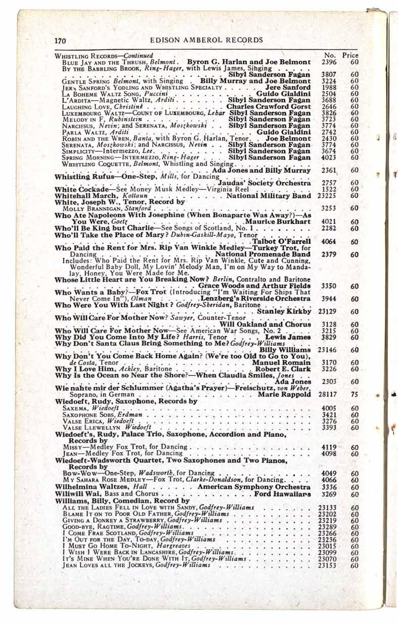 Riverside 170 EDISON AMBEROL RECORDS WHISTLING RECORDS-Continued No Price BLUE JAY AND THE THRUSH, Belmont Byron G Harlan and Joe Belmont 2396 BY THE BABBLING BROOK, Ring-Hager, with Lewis James,