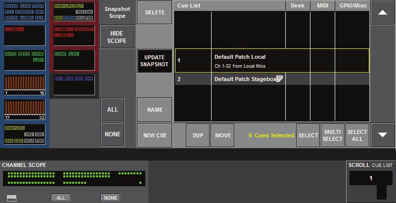 APPLY CHANGES TO SCOPED PARAMS IN SELECTED CUES The software includes the capability to copy control settings that exist on the surface, into one or any number of other Cues in the Cue list.