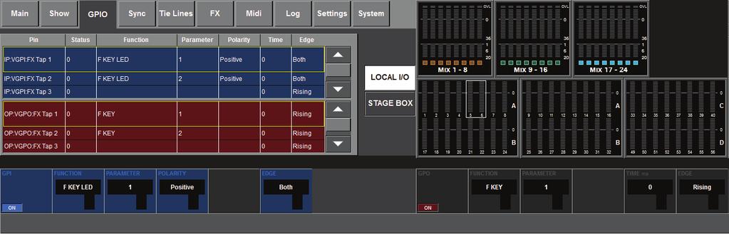 CONFIGURATION GPIO In the GPIO (General Purpose Input Output) Page you can configure all GPIO channels that are available in the Soundcraft Vi1 if the optional Vi6-type stagebox is fitted.