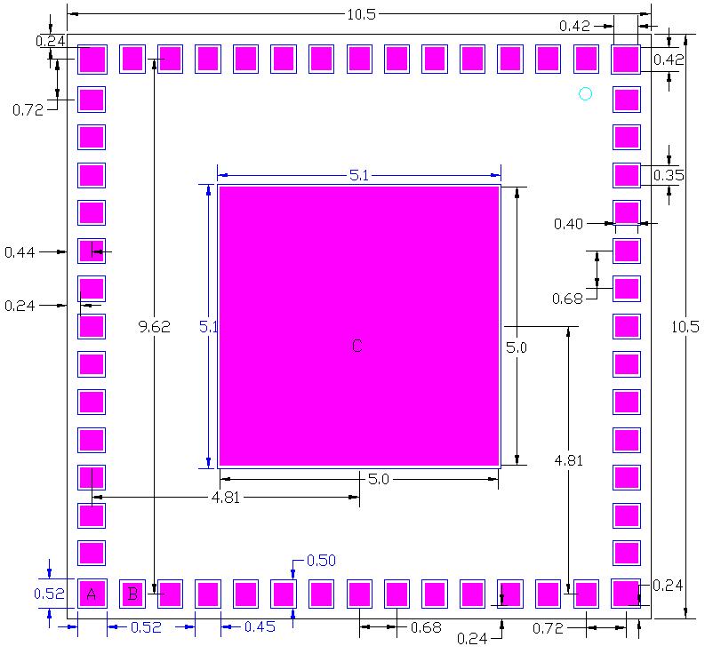 10.2 Modules Dimensions (mm) Note: 1. Please use Un-Solder Mask to design the Module Footprint. 2. There are three types pad size in the Module. - Type A: Pad size: 0.42 x 0.