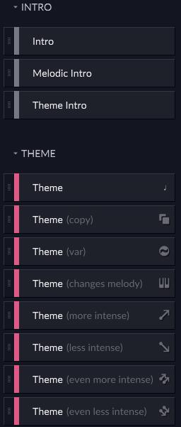 Left Menu Tabs Block Items Defined Intro usually without melody Intro with a melody Theme Intro copies all of the clips of the following Theme except the melody