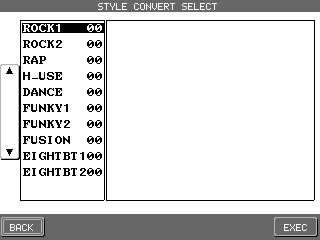 6) Insert the appropriate manufacturers Style disk when you are asked to do so. Press the EXEC button to proceed. 7) Select the desired Style to convert and press EXEC button.