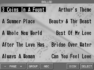 3) Use the PAGE buttons (F1, F2) to display the Song Titles on the other pages in the same category. 4) Use the L and R buttons to select one of the ten songs displayed in the screen.