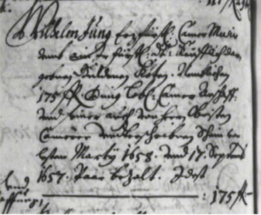Figure 2. Tiroler Landesarchiv. Kammer Raitbuch, 1658, Band 190, fol. 159'. Record of the sale of a golden medal by William Young to the Archduke, for 175 florins. Dated 17 September, 1657.