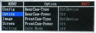 OSD Menu OSD Setting Option Mode - Safe Mode : Default - RearCam RcvOpt - Reset 1 On : Show Frontcam 25sec after rear mode.