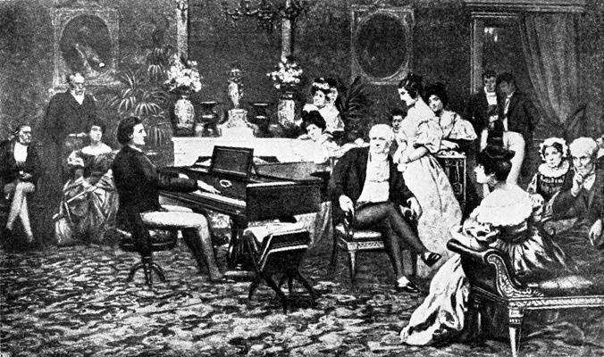 And so, all in a moment, his troubles blew away, as troubles often do. Here is a picture of Chopin playing in the home of a prince.