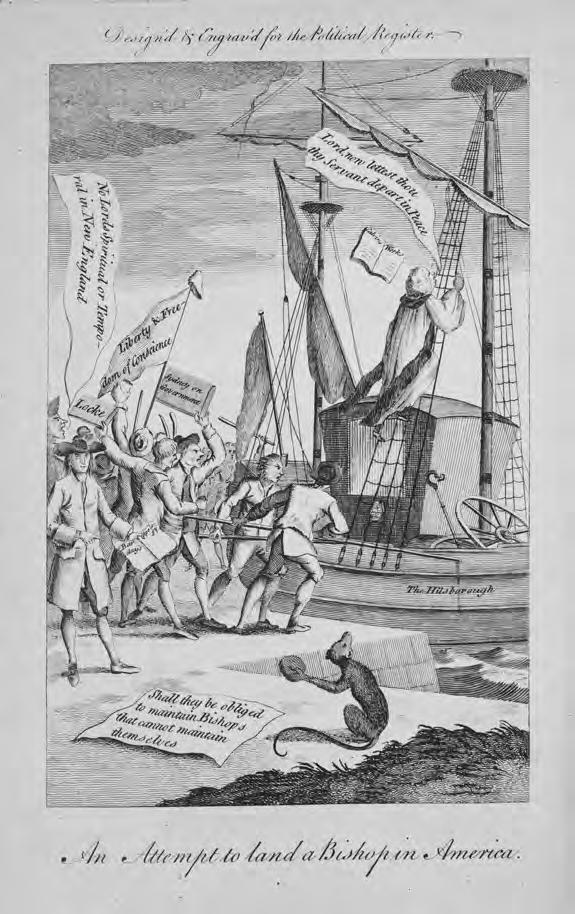 8 Early American Studies Winter 2010 Figure 1. In a British cartoon, American colonists armed with books prevent the landing of a bishop in America.