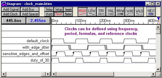 6. Clocks Clocks draw themselves based on their attributes: period of frequency, duty cycle, edge jitter, offset and other parameters.
