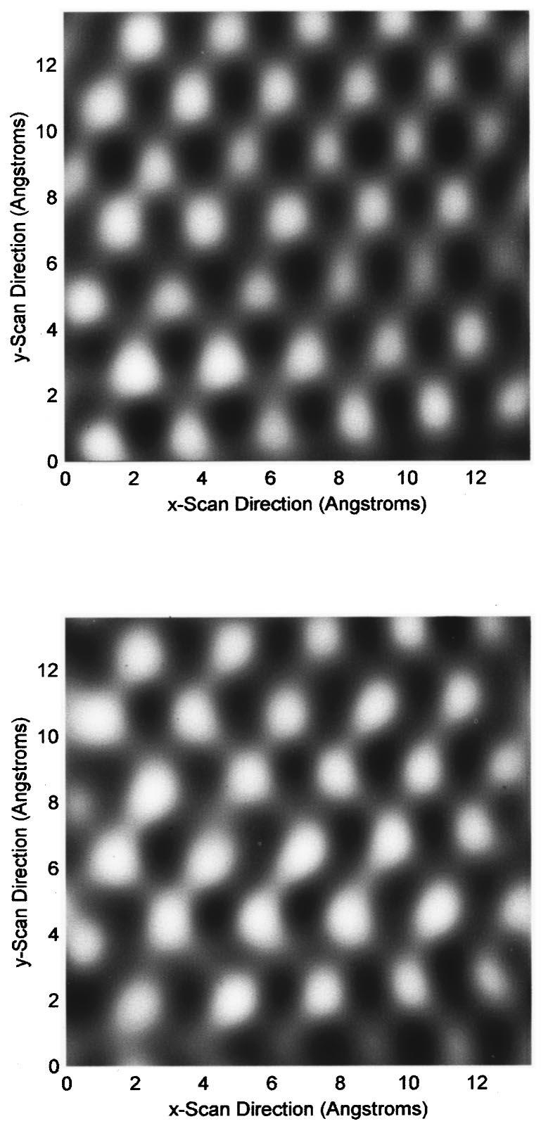 Simulated STM images of a single row of atoms for a highly oriented pyrolytic graphite HOPG surface also are depicted in this same figure.