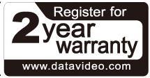 Warranty Standard Warranty Datavideo equipment is guaranteed against any manufacturing defects for one year from the date of purchase.