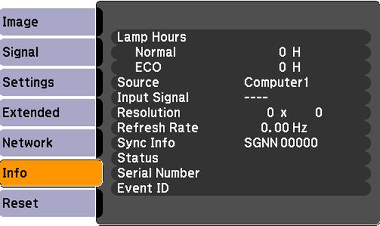 Note: Available settings depend on the current input source. The lamp usage timer does not register any hours until you have used the lamp for at least 10 hours.