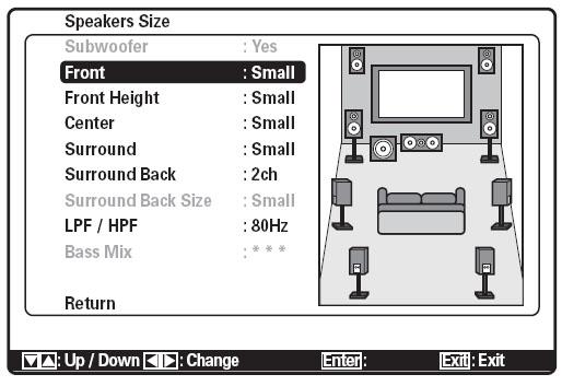 Speakers Size Sub-Menu The bass management settings will determine how low frequency audio is managed between the speakers. Large defines a speaker as being capable of reproducing low frequencies.