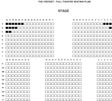 Blacked out seats indicate possible unavailability due to restricted viewing Rows A - K are stalls rows on floor level.