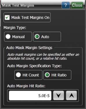Save Time with Faster Eye Mask Testing The DCA calculates the mask margin based on the chosen Hit Ratio, which establishes the number of allowable mask violations; example calculations are shown in